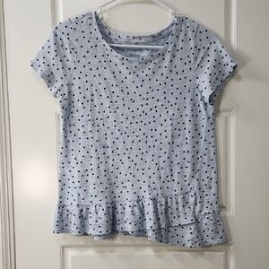 Talbots Blue and Black Polka Dot Linen-Cotton Top with Ruffle Hem - Small
